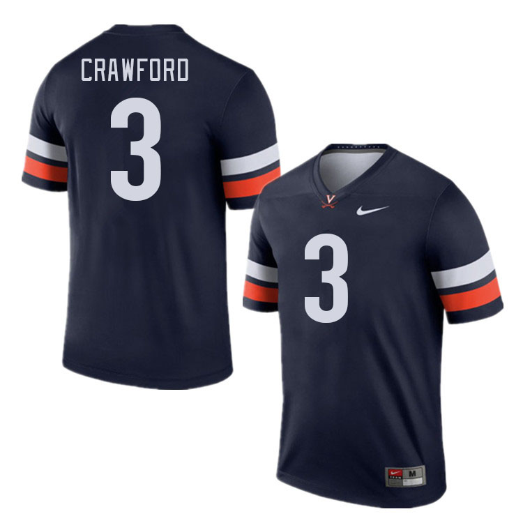 Men #3 Delaney Crawford Virginia Cavaliers College Football Jerseys Stitched Sale-Navy - Click Image to Close
